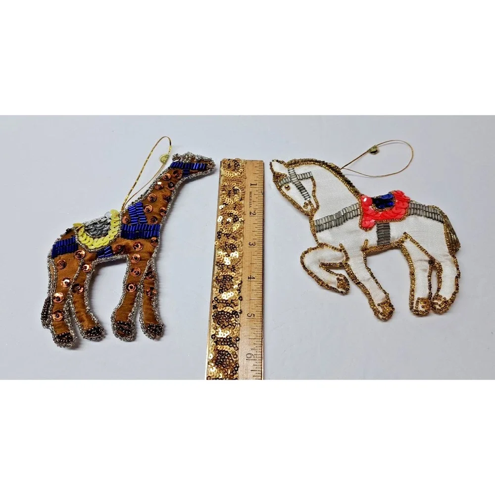 Four Animal Christmas Ornaments Satin Fabric Beaded Sequins Shiny Vintage Decor